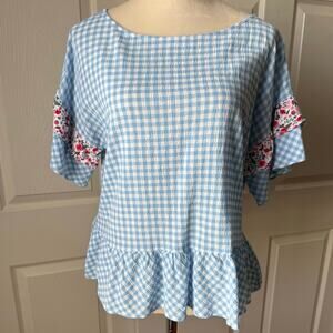 Matilda Jane Blue Gingham Ruffle Top Floral Size‎ M Boxy Fit Farmhouse Coquette